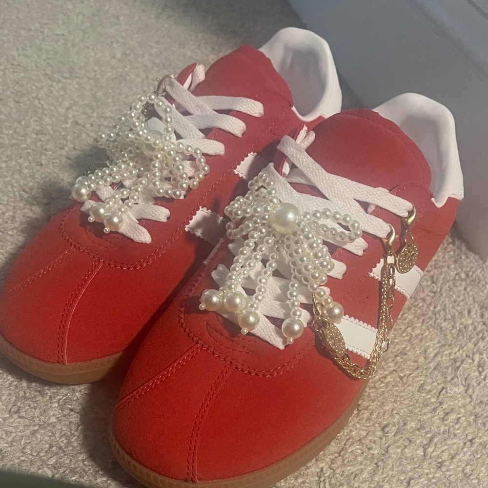 Red Women's Sneakers with Pearl Detailing